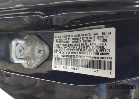 2005 Honda Civic Vp из США, поврежденный, VIN 1HGES16395L002022